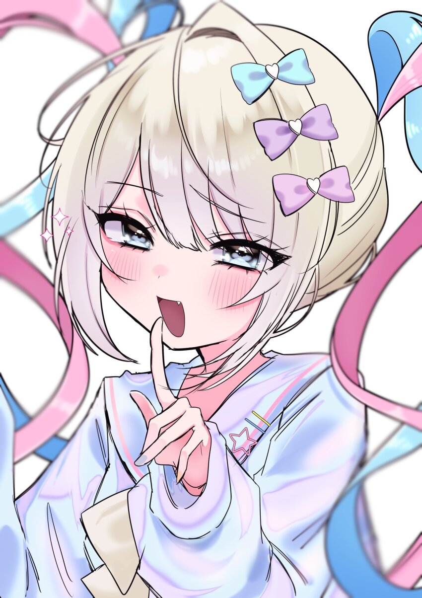 1girl, aqua_bow, babumi_roriko, blonde_hair, blue_eyes, blue_hair, blue_nails, blush