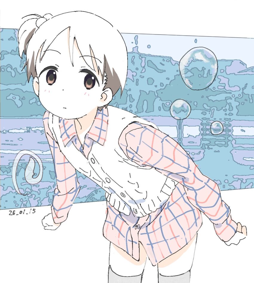 1girl, bubble, closed_mouth, dated, hair_bobbles, hair_ornament, highres, ichigo_mashimaro, itou_chika, long_shirt, long_sleeves, looking_at_viewer, mugenmaru, outdoors, partially_colored, shirt, short_hair, solo, thighhighs, vest