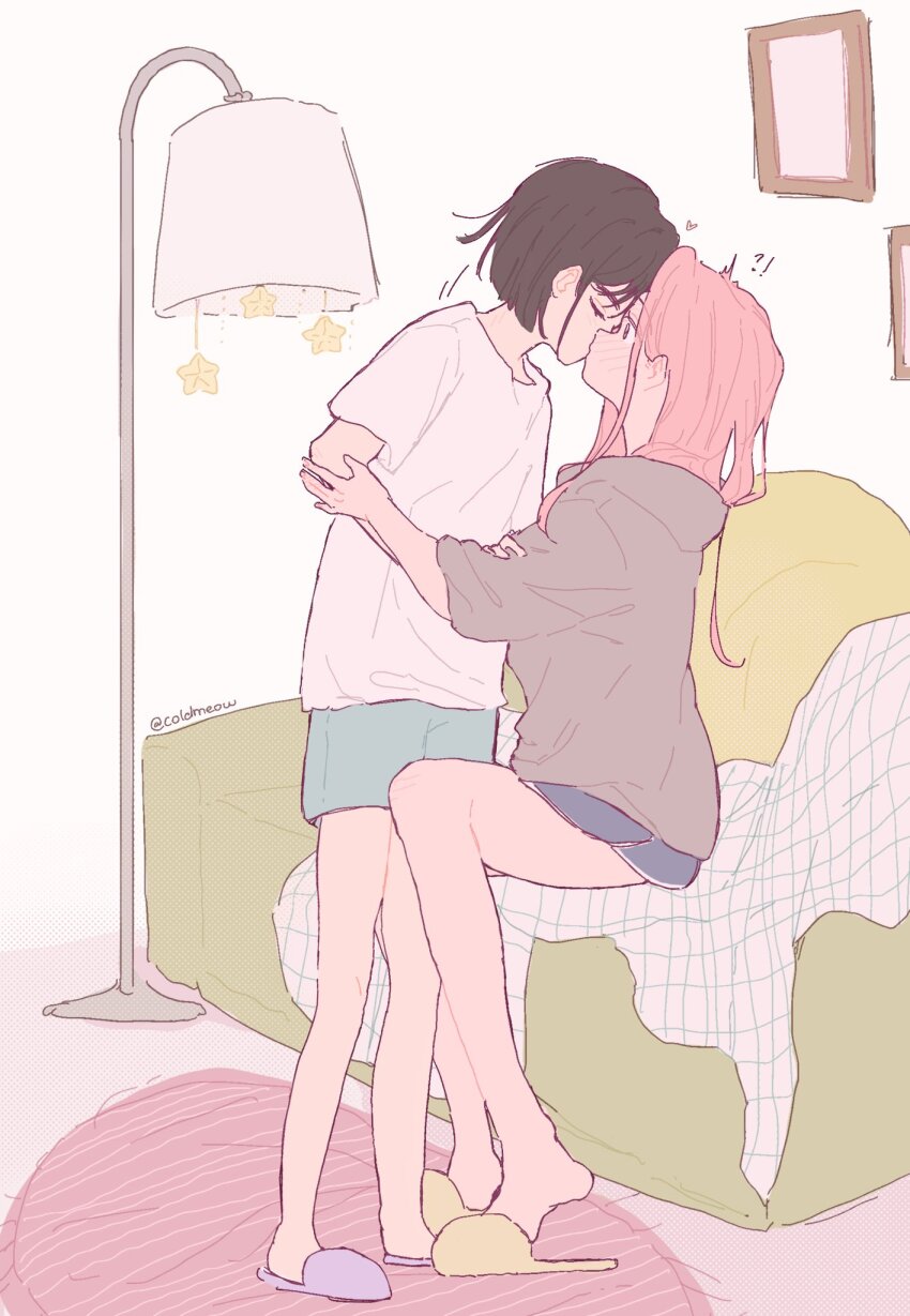 2girls, alien_stage, aqua_shorts, black_hair, black_shorts, blush, brown_hoodie, closed_eyes