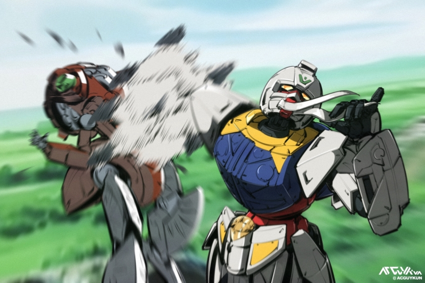 acguykun, artist_logo, blurry, blurry_background, gundam, logo, mecha, mecha_focus