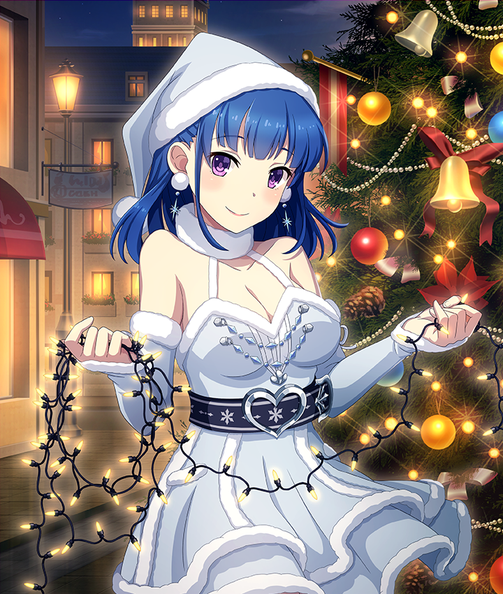 1girl, banner, bare_shoulders, bell, belt, black_belt, blue_dress, blue_hair