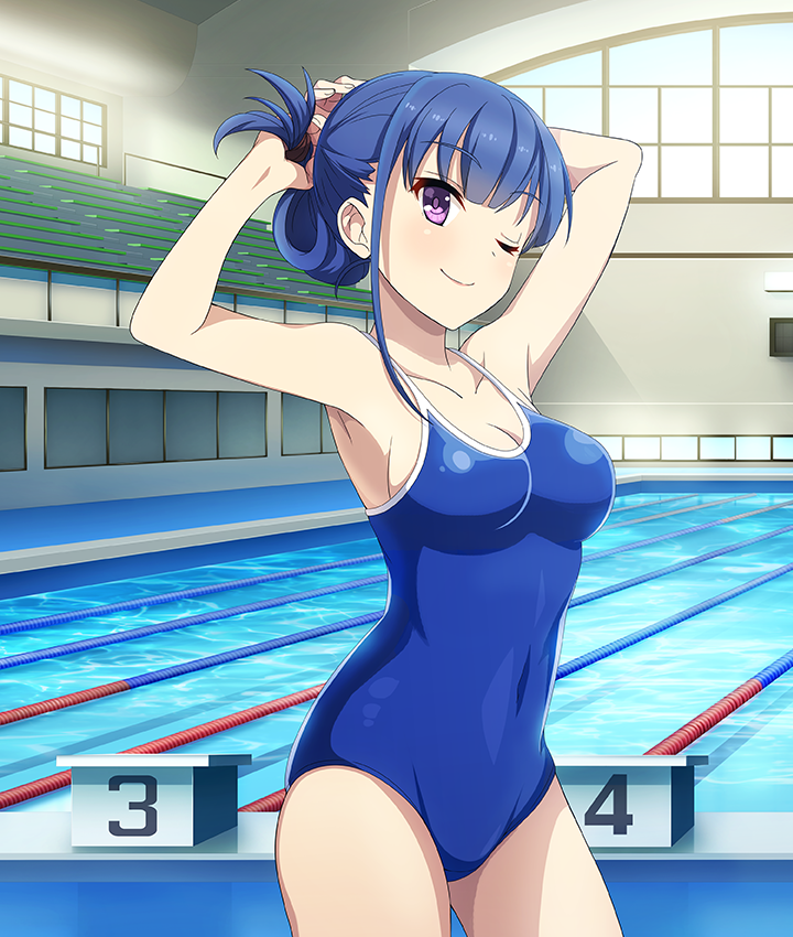 1girl, ;), armpits, arms_up, bleachers, blue_hair, blue_one-piece_swimsuit, breasts