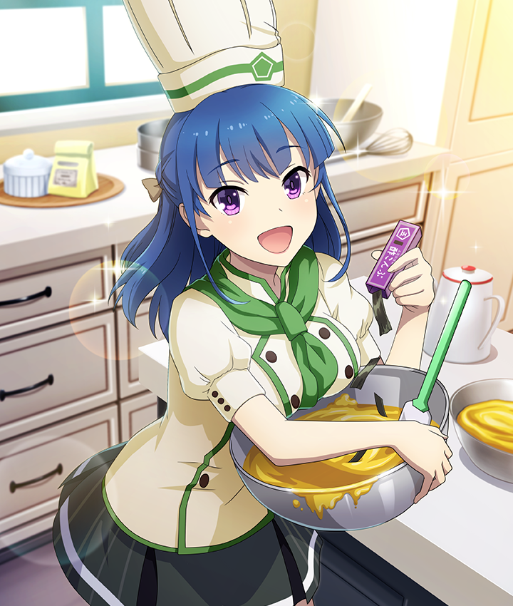 1girl, :d, baking, blue_hair, bow, bowl, box, breasts