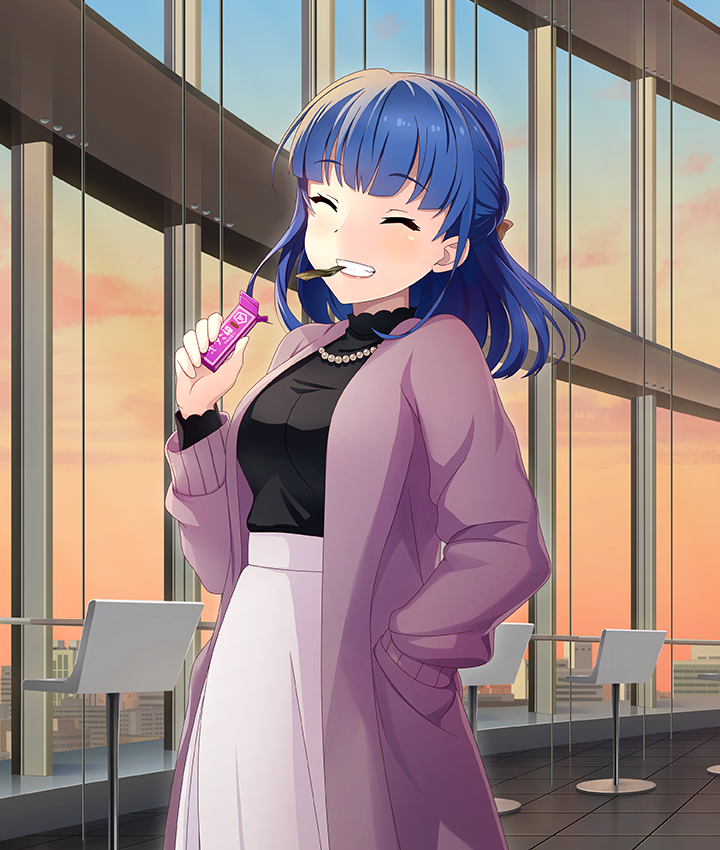 1girl, black_shirt, blue_hair, blue_sky, bow, box, breasts, brown_bow