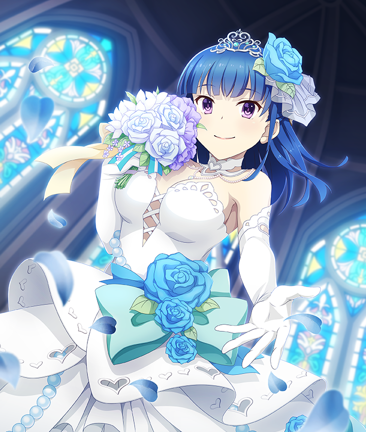 1girl, aqua_bow, bare_shoulders, blue_flower, blue_hair, blue_petals, blue_ribbon, blue_rose