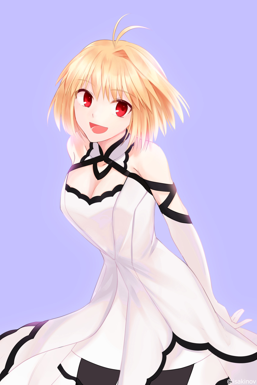 1girl, :d, ahoge, arcueid_brunestud, arcueid_brunestud_(clad_in_glacier), arms_behind_back, bare_shoulders, black_ribbon
