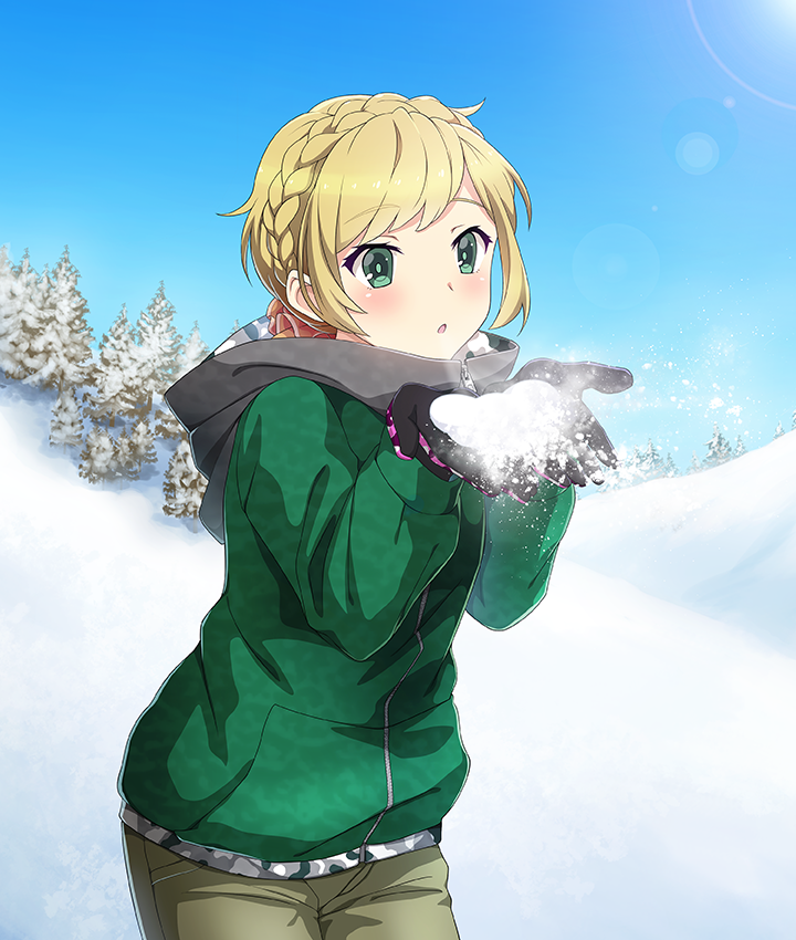 1girl, :o, black_gloves, blonde_hair, blowing, blue_sky, blush, braid
