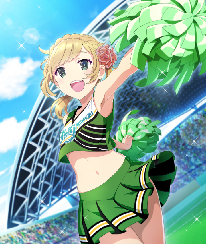 1girl, :d, armpits, audience, bleachers, blonde_hair, blue_sky, braid, breasts, clothes_writing, cloud, cowboy_shot, crop_top, crop_top_overhang, crown_braid, day, dot_nose, dutch_angle, floating_hair, game_cg, green_eyes, green_skirt, green_tank_top, lens_flare, looking_at_viewer, medium_hair, midriff, naruse_miki_(toji_no_miko), navel, official_art, open_mouth, outdoors, outstretched_arms, pom_pom_(cheerleading), romaji_text, sidelocks, skirt, sky, sleeveless, small_breasts, smile, solo, sparkle, stadium, tank_top, teeth, third-party_source, toji_no_miko, toji_no_miko:_kizamishi_issen_no_tomoshibi, upper_teeth_only