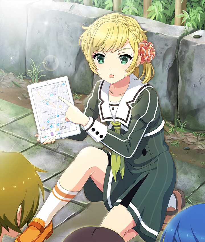 4girls, :o, asymmetrical_footwear, black_hair, blonde_hair, blue_hair, braid, brown_shoes