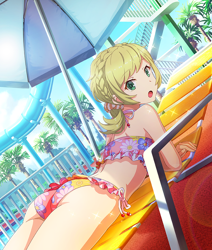 1girl, :o, ass, bare_shoulders, bikini, bikini_skirt, blonde_hair, blue_sky, braid, brown_scrunchie, chair, cloud, cowboy_shot, crown_braid, day, dot_nose, dutch_angle, floral_print, floral_print_bikini, floral_print_skirt, frilled_bikini, frills, game_cg, green_eyes, groin, hair_ornament, hair_scrunchie, halterneck, lens_flare, looking_at_viewer, looking_back, lounge_chair, low_ponytail, lying, medium_hair, naruse_miki_(toji_no_miko), official_art, on_chair, on_stomach, open_mouth, outdoors, palm_tree, ponytail, pool, poolside, print_bikini, print_skirt, railing, red_bikini, red_skirt, scrunchie, shoulder_blades, side-tie_bikini_bottom, sidelocks, skirt, sky, solo, sparkle, stairs, stairwell, striped_clothes, striped_scrunchie, swimsuit, third-party_source, toji_no_miko, toji_no_miko:_kizamishi_issen_no_tomoshibi, tree, underbutt, water_slide, waterpark