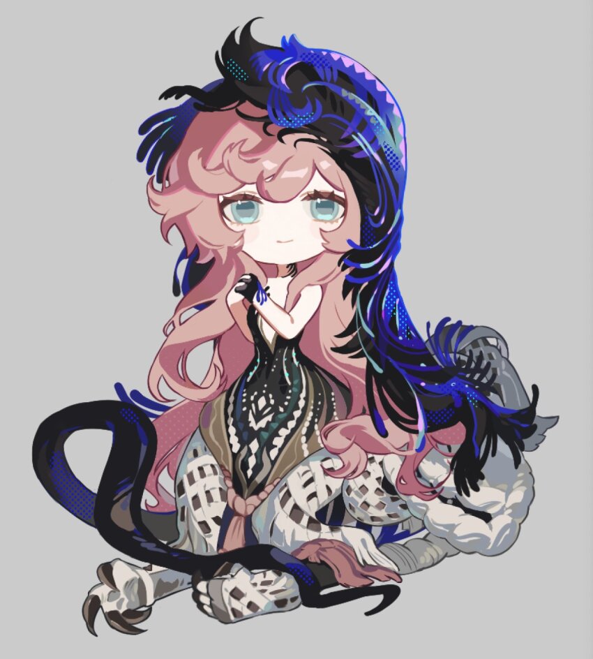 1girl, black_dress, black_hands, black_tail, black_veil, blue_eyes, blue_veil, centauroid