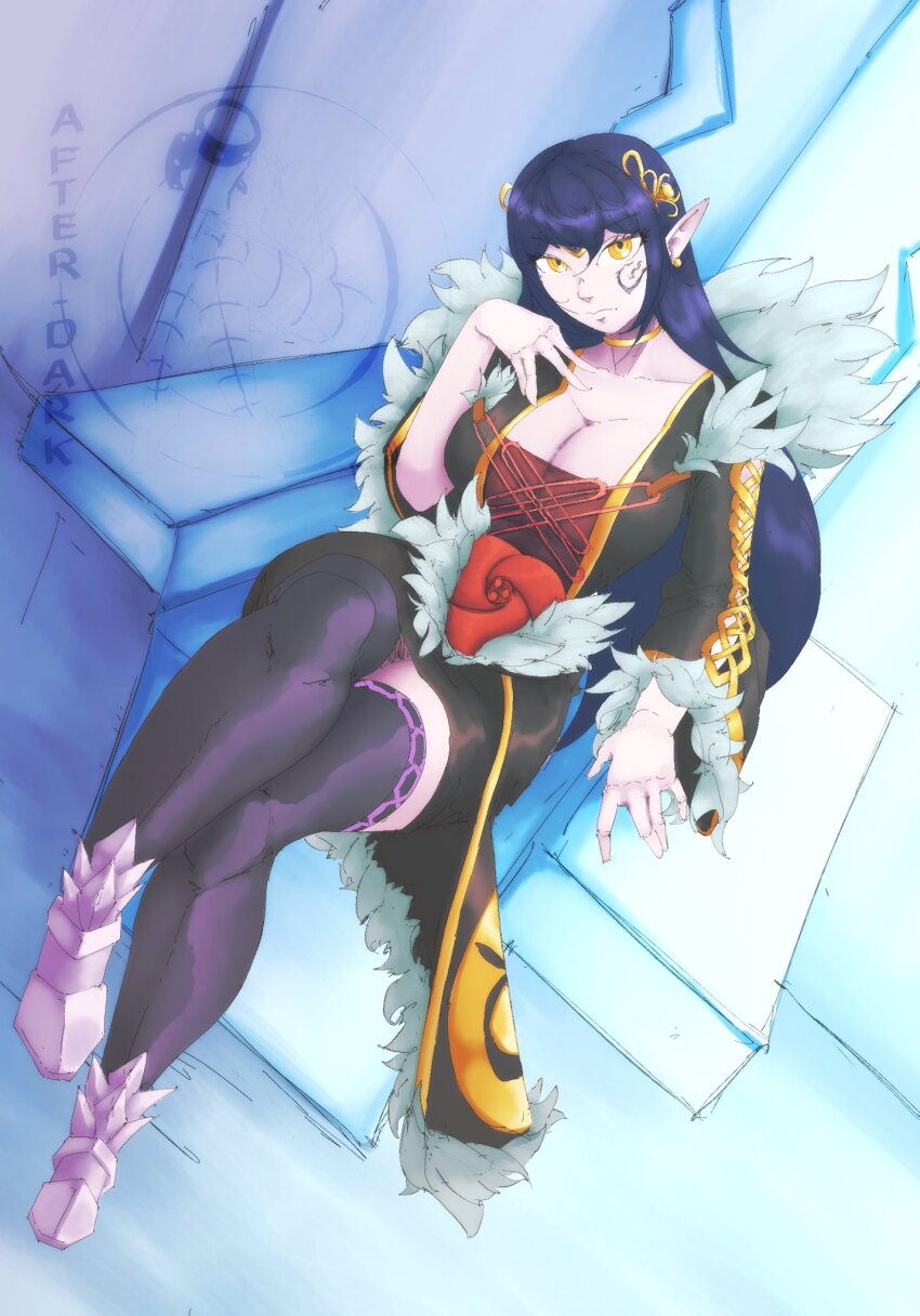 1girl, black_dress, blue_background, bonelass, breasts, choker, circlet, cleavage