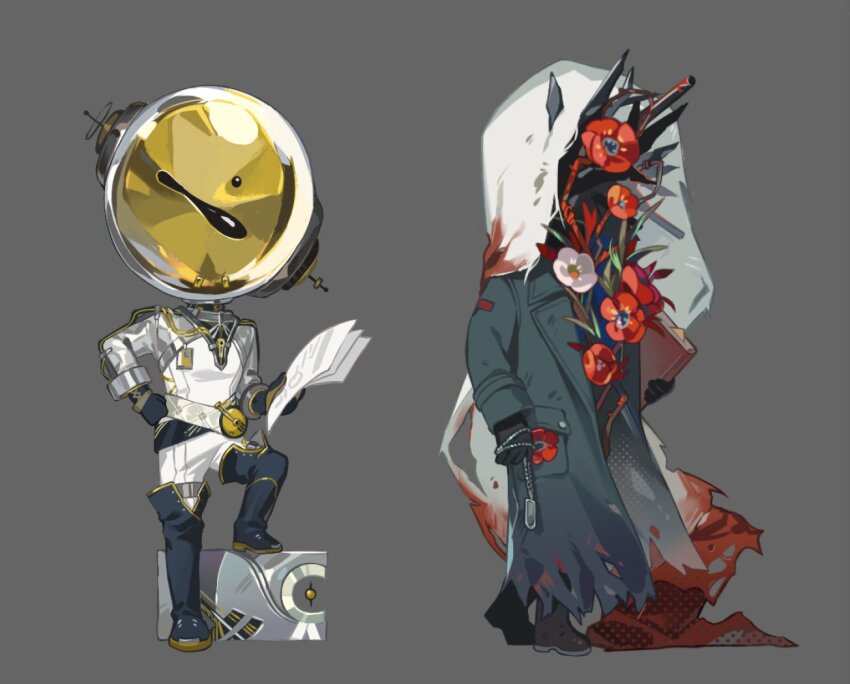 2boys, black_boots, black_gloves, blue_coat, boots, charon_(reverse:1999), chibi, coat