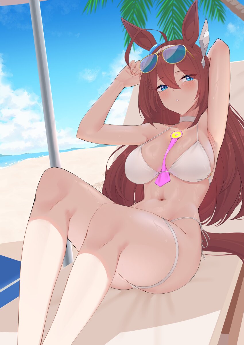 1girl, absurdres, ahoge, animal_ears, armpits, aviator_sunglasses, bare_shoulders, beach, bikini, blue_eyes, blush, breasts, brown_hair, chair, choker, cloud, commentary, ear_ornament, english_commentary, eyewear_on_head, feet_out_of_frame, hair_ornament, hairband, hairclip, highleg, highleg_bikini, highres, horse_ears, horse_girl, leaning_back, legs, long_hair, looking_at_viewer, lounge_chair, medium_breasts, mihono_bourbon_(umamusume), nail_polish, navel, necktie, necropoi, ocean, open_mouth, outdoors, palm_tree, parted_lips, pink_nails, pink_necktie, revision, side-tie_bikini_bottom, sitting_in_shadow, solo, sunglasses, sweat, swimsuit, thigh_strap, toned, tree, umamusume, white_bikini, white_choker