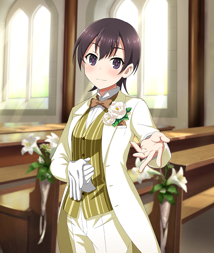 1girl, black_hair, blush, bow, bowtie, brown_bow, brown_bowtie, buttons