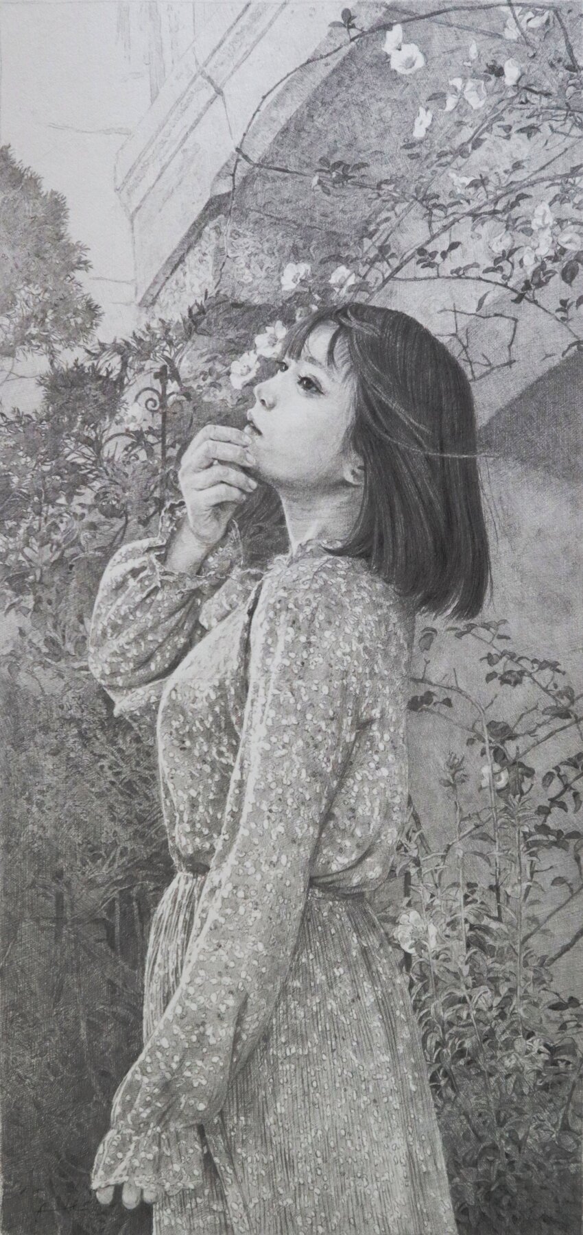 1girl, absurdres, arch, black_hair, bob_cut, building, commentary_request, dress