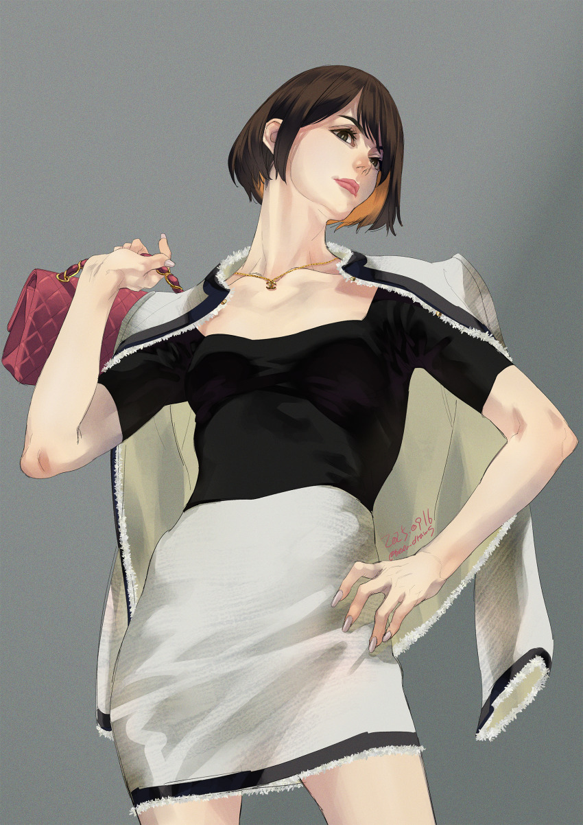 1girl, absurdres, bag, black_eyes, black_shirt, bob_cut, brown_hair, commentary_request, cowboy_shot, fur_trim, handbag, highres, holding, holding_bag, jacket, jacket_on_shoulders, jewelry, lipstick, low_neckline, makeup, mukoda_saeko, necklace, nicacu, pencil_skirt, ryuu_ga_gotoku_(series), ryuu_ga_gotoku_7, shirt, short_hair, skirt, solo, white_jacket, white_nails, white_skirt