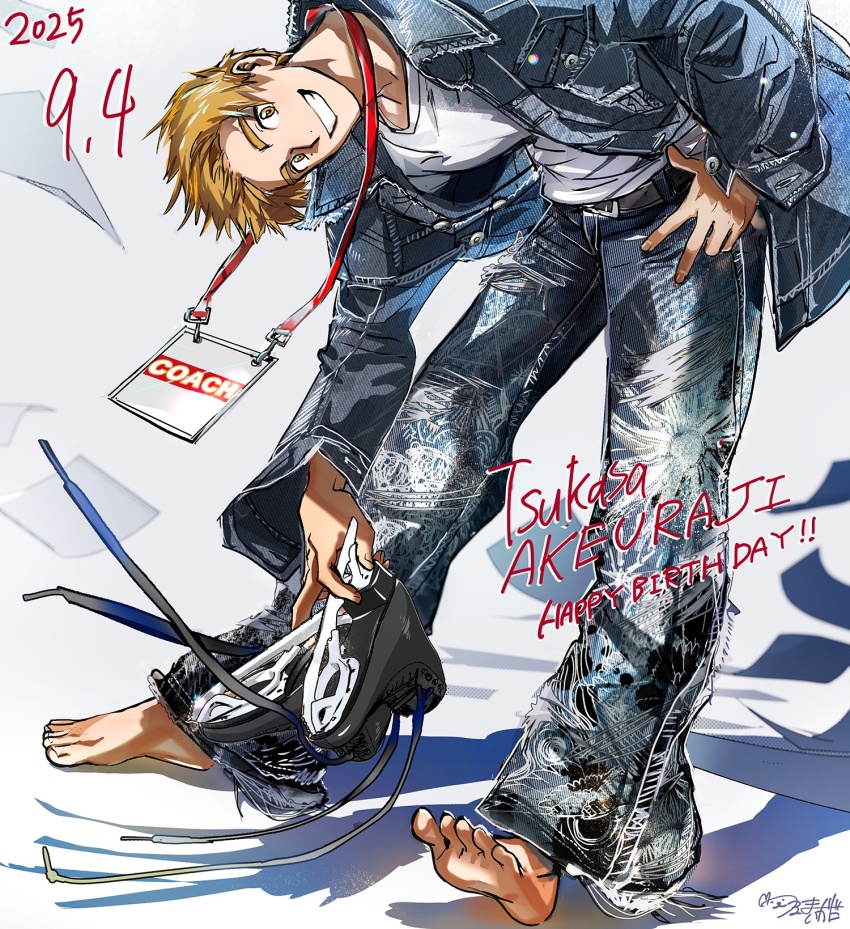 1boy, akeuraji_tsukasa, barefoot, blonde_hair, commentary_request, denim, denim_jacket, full_body, happy_birthday, highres, holding_ice_skates, jacket, jeans, lanyard, leaning_forward, looking_at_viewer, male_focus, medalist_(manga), mole, mole_under_eye, open_mouth, pants, shirt, short_hair, smile, solo, tsuruma_ikada, white_shirt, yellow_eyes