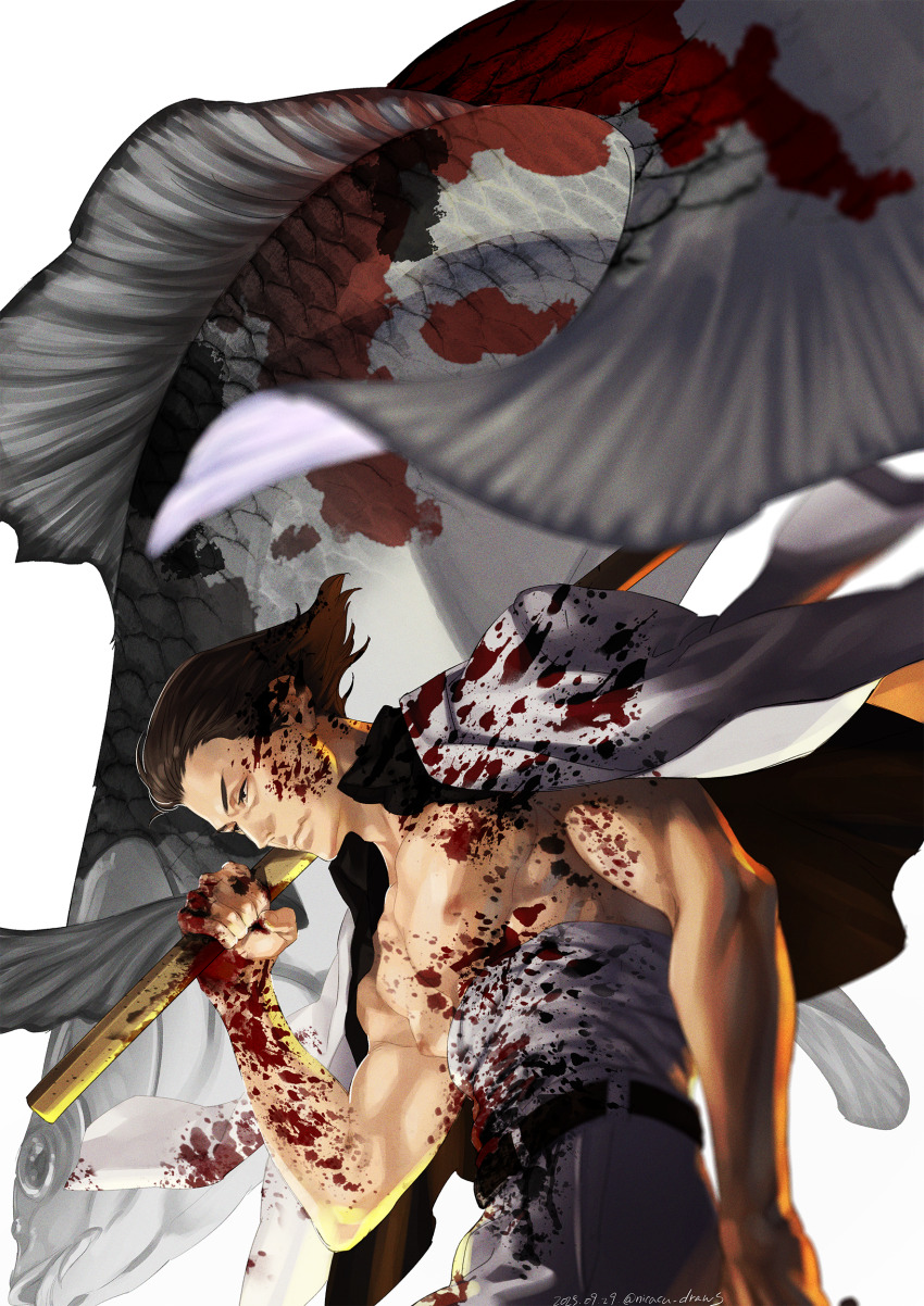 1boy, absurdres, banner, bare_pectorals, black_hair, blood, blood_on_clothes, blood_on_face, commentary_request, flag, hair_slicked_back, highres, holding, holding_flag, jacket, jacket_on_shoulders, koi, large_pectorals, long_hair, looking_at_viewer, male_focus, muscular, muscular_male, nicacu, nishikiyama_akira, pectorals, ryuu_ga_gotoku_(series), ryuu_ga_gotoku_1, shirt_down, solo, white_jacket, yakuza