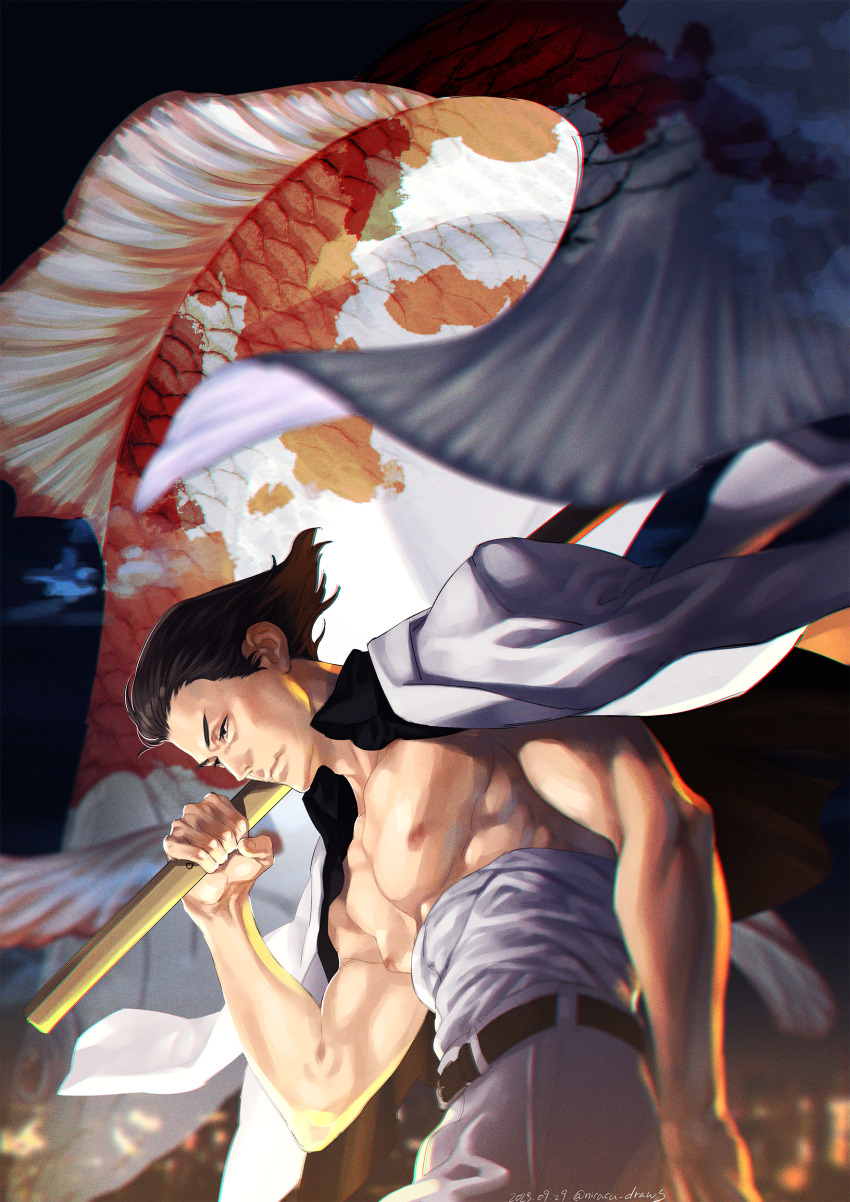 1boy, absurdres, banner, bare_pectorals, black_hair, commentary_request, flag, hair_slicked_back