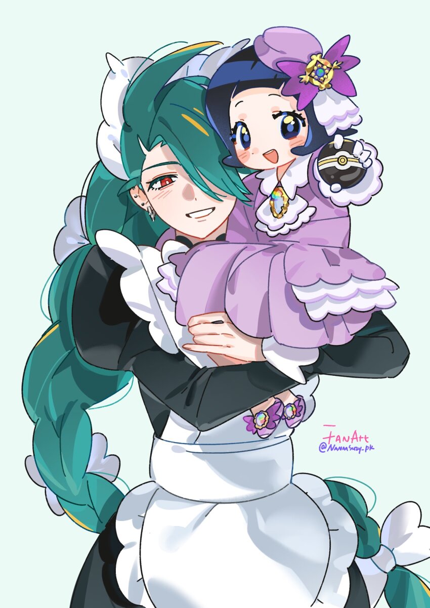 2girls, ahoge, apron, black_hair, black_romper, blush, bow, braid