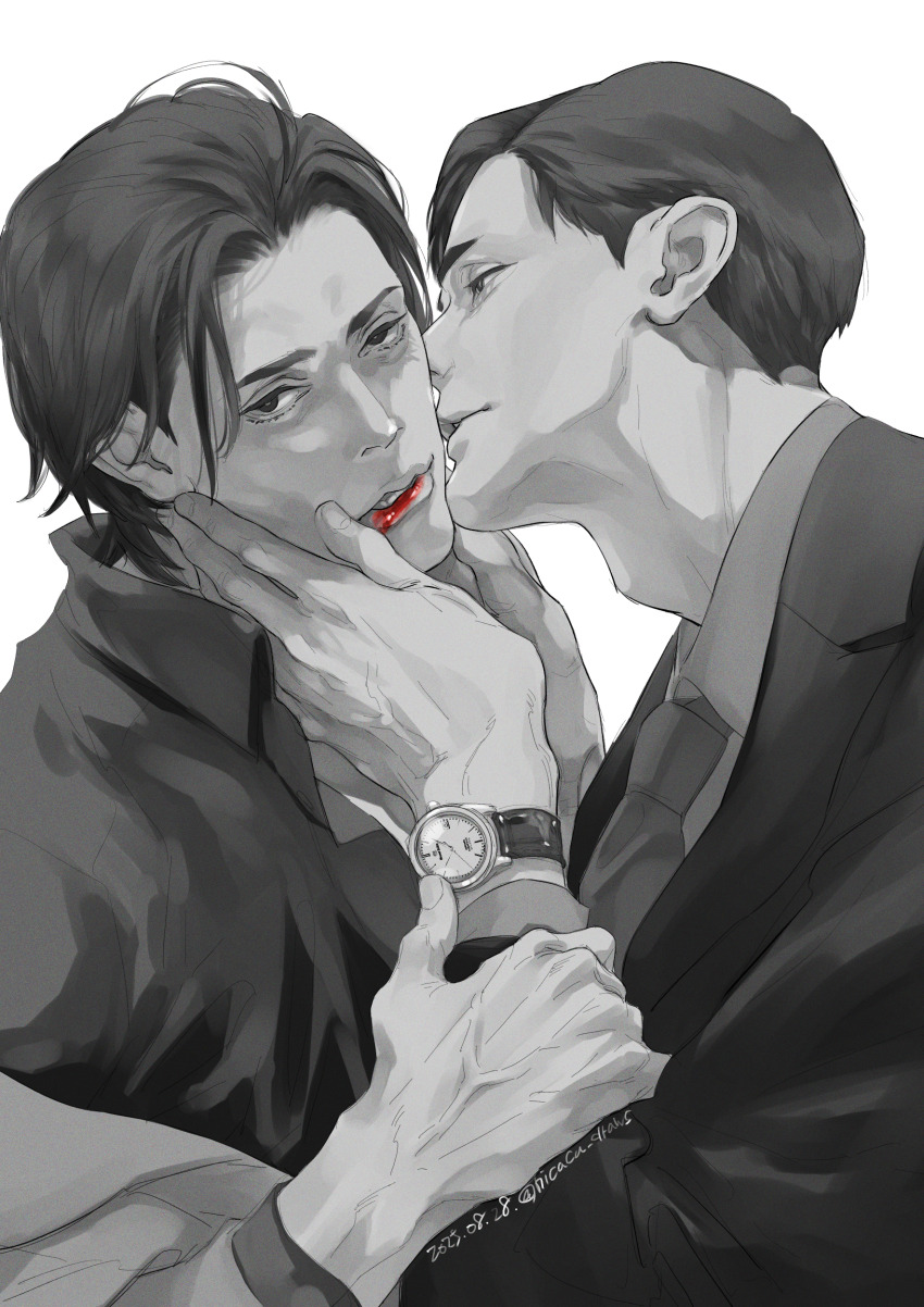 2boys, absurdres, adam's_apple, akiyama_shun, arai_hiroaki_(rgg), cheek_kiss, commentary_request, double_cheek_kiss