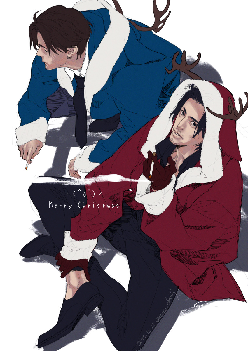 2boys, absurdres, adapted_costume, akiyama_shun, antlers, black_hair, blue_jacket, brown_hair
