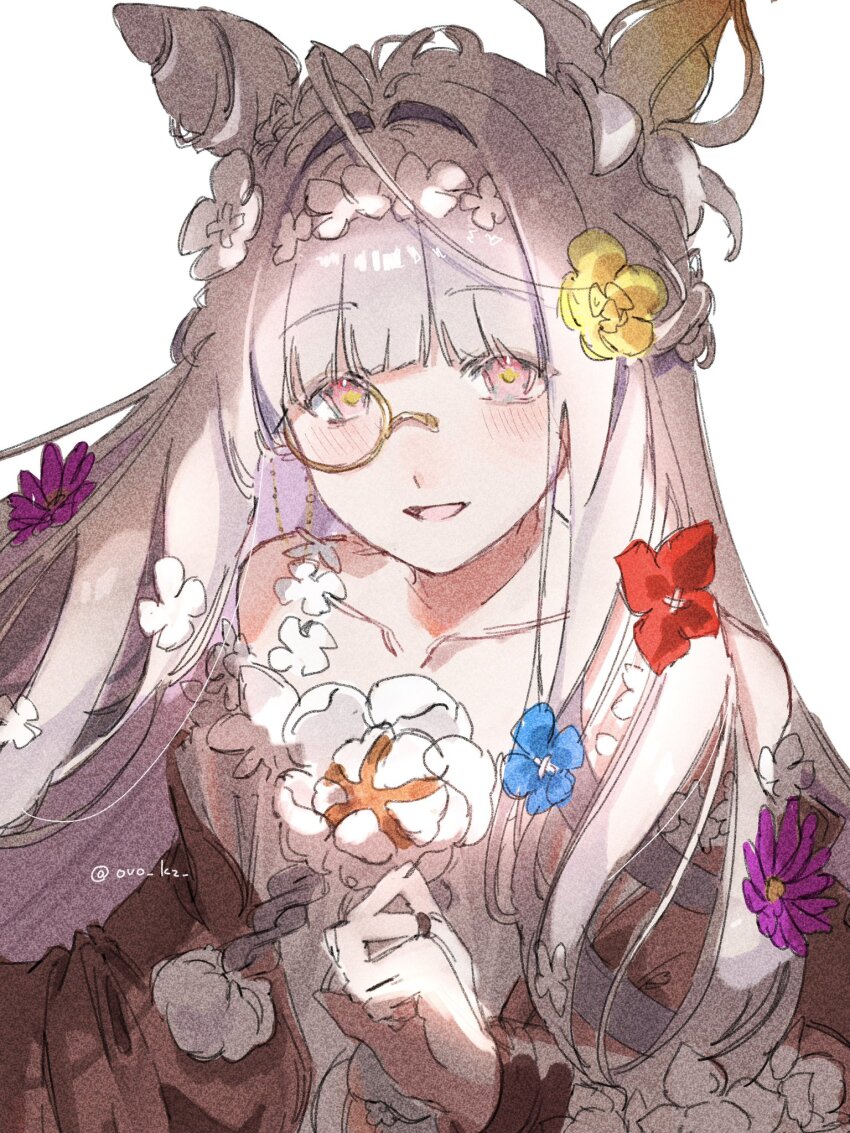 1girl, ahoge, commentary_request, cone_hair_bun, dress_flower, fate/grand_order, fate_(series), flora_(fate)