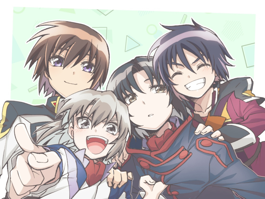 4boys, alvis_uniform, ascot, black_coat, black_hair, brown_eyes, brown_hair, closed_eyes