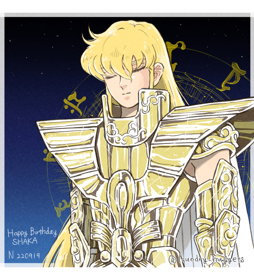 1boy, 2022, androgynous, armor, bishounen, blonde_hair, cape, character_name