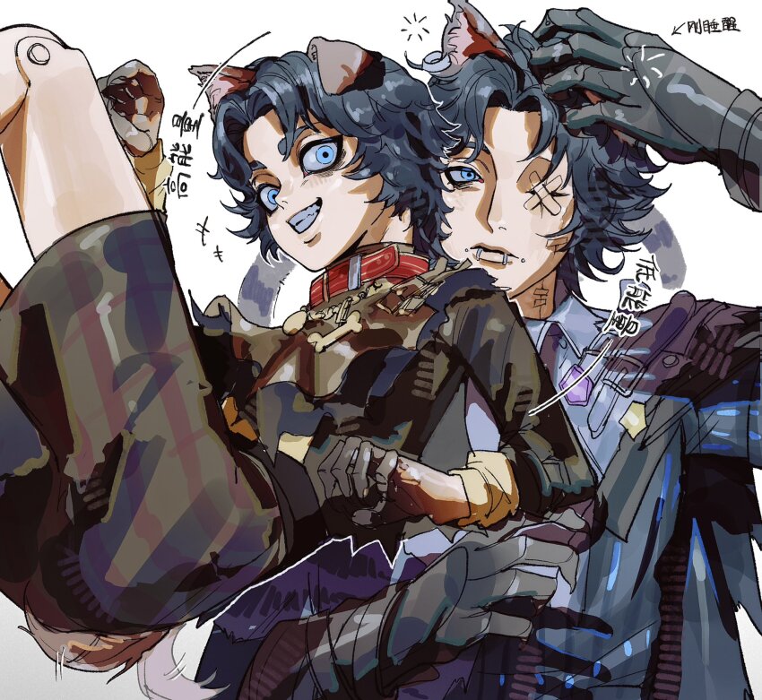 2boys, animal_ears, bandaid_on_eye, black_gloves, blue_eyes, blue_hair, cat_ears, collar