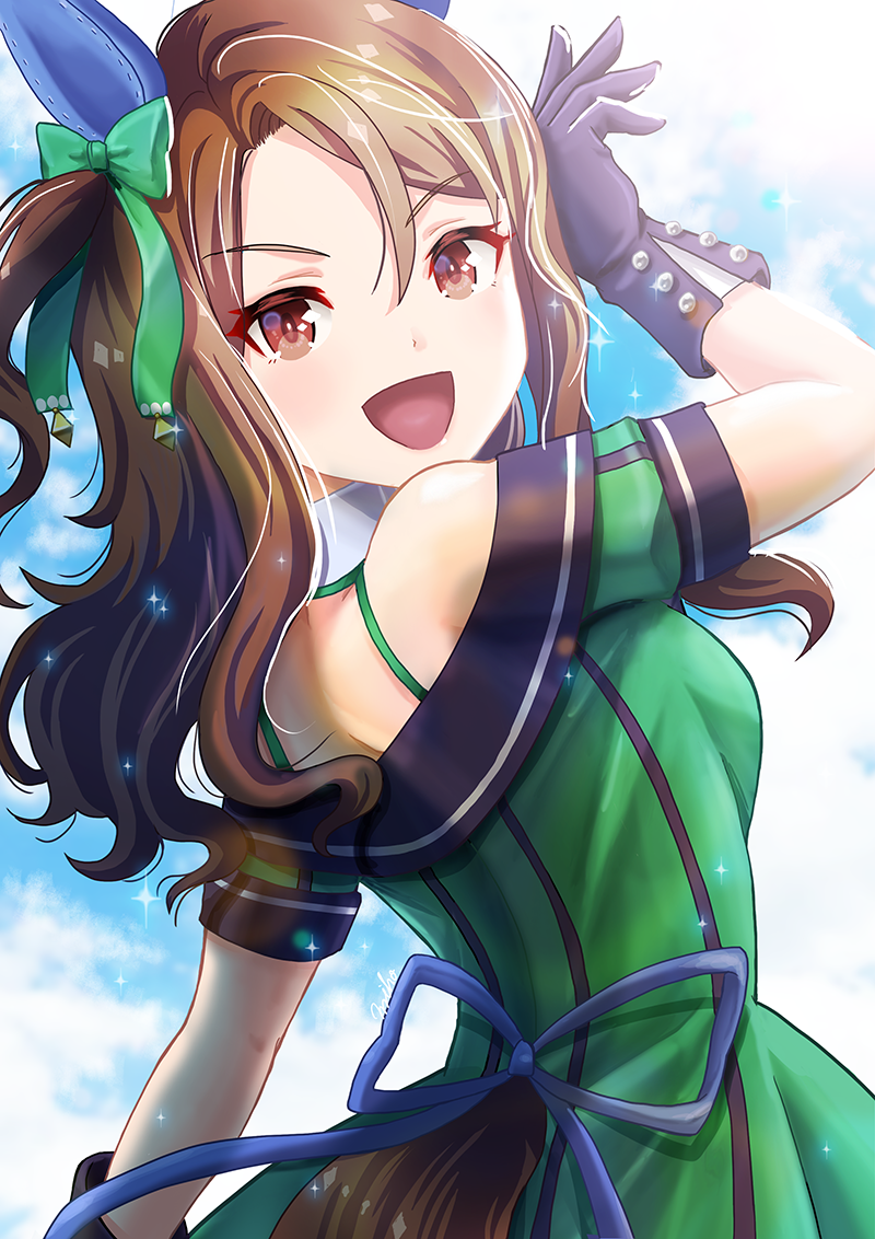 1girl, animal_ears, artist_name, black_gloves, breasts, brown_hair, commentary_request, dress