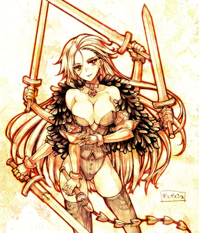 1girl, 5pb., arai_kuma, armor, bad_id, bad_pixiv_id, bare_shoulders, breasts, cleavage, collar, corset, eiyuu_senki, extra_arms, female_focus, gauntlets, gilgamesh_(eiyuu_senki), large_breasts, leotard, long_hair, looking_at_viewer, monochrome, multi_limb, solo, sword, thighhighs, very_long_hair, weapon, whip