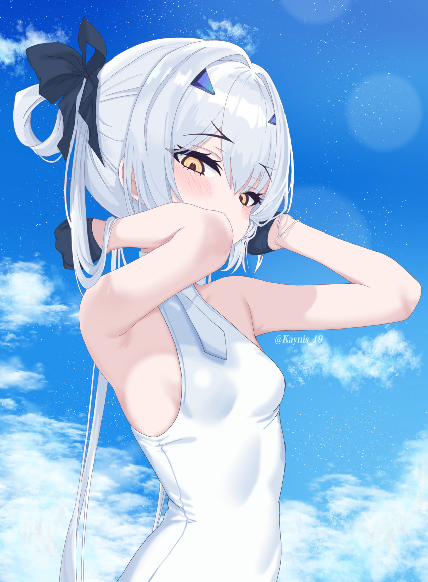 1girl, absurdres, armpits, arms_behind_head, arms_up, bare_arms, bare_shoulders, black_bow