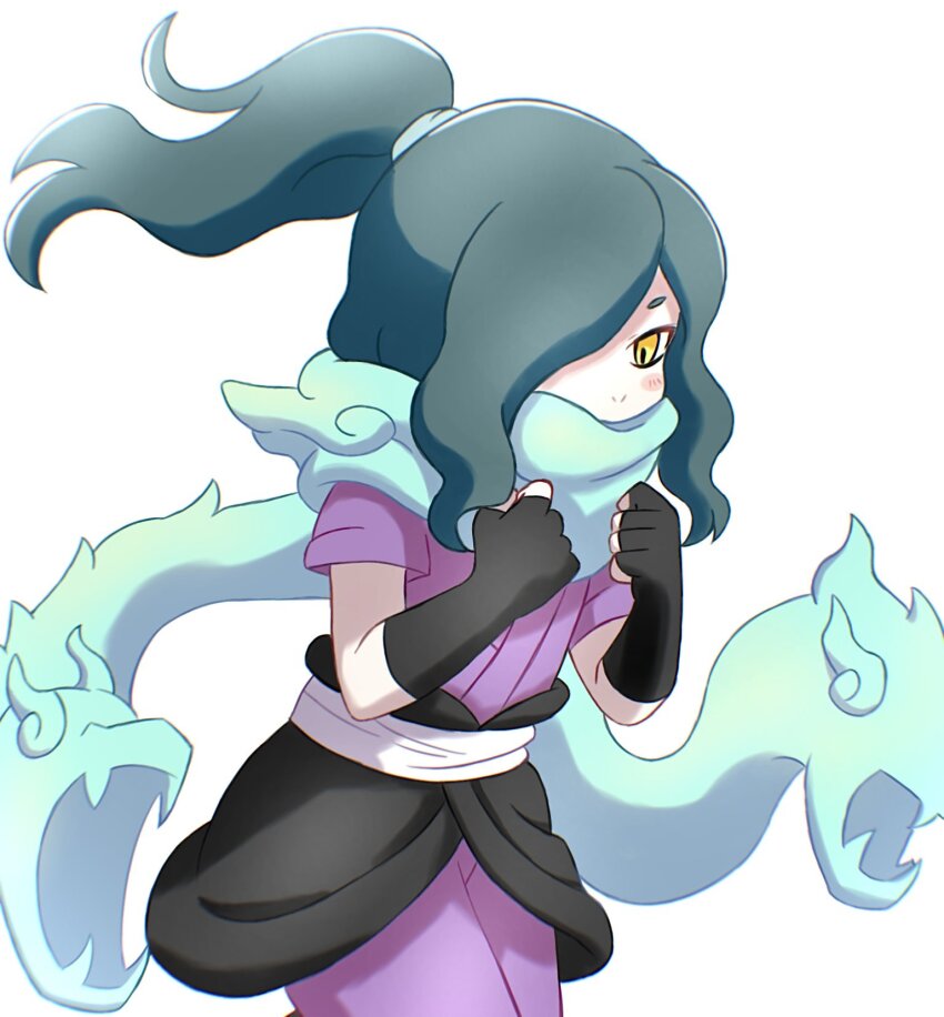 1boy, aqua_hair, black_gloves, bopon_o0o, brown_eyes, commentary_request, fingerless_gloves, gloves, highres, japanese_clothes, long_hair, orochi_(youkai_watch), ponytail, short_sleeves, simple_background, solo, white_background, youkai_(youkai_watch), youkai_watch