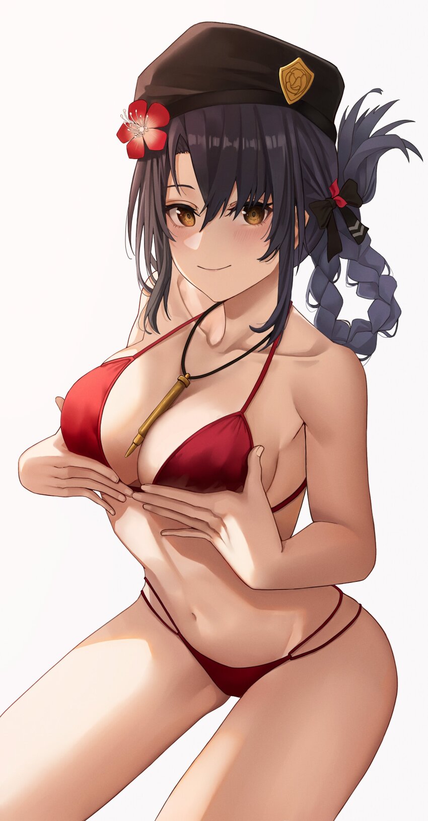 1girl, absurdres, adapted_costume, bikini, black_hair, black_hat, braid, braided_hair_rings