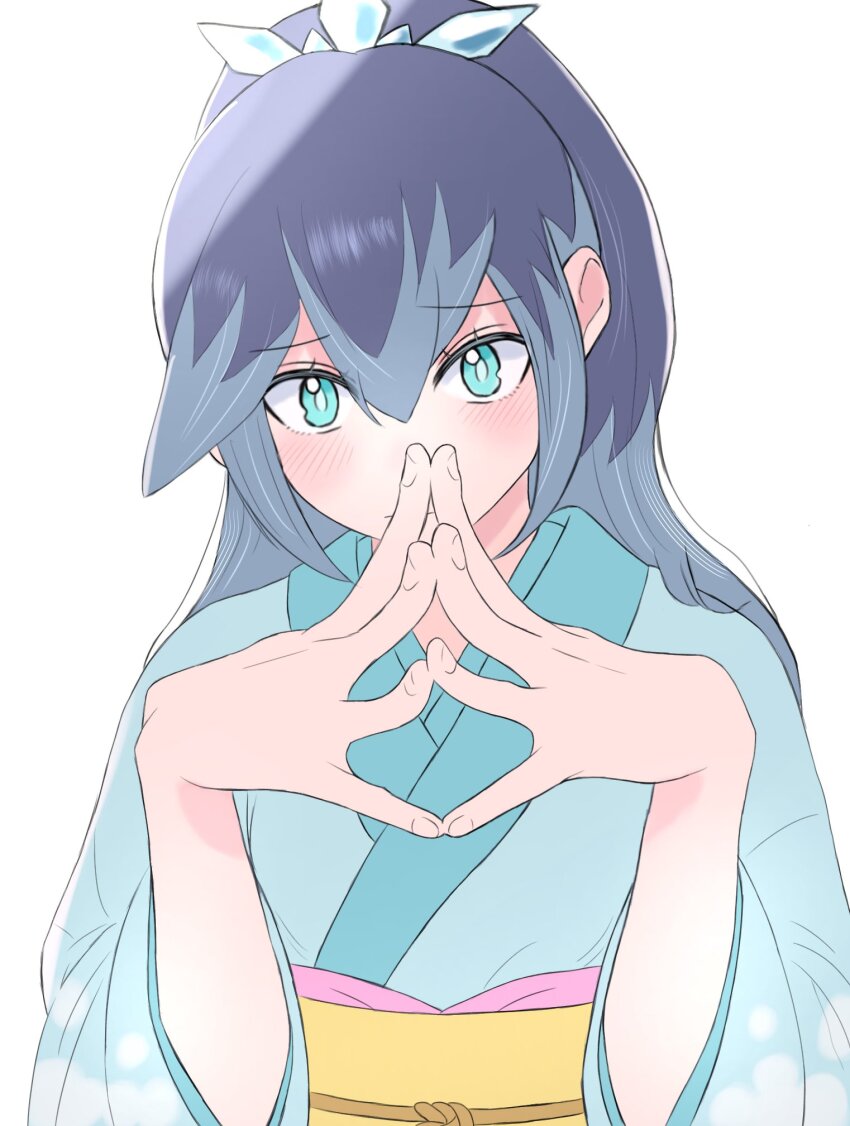 1girl, blue_eyes, blue_hair, blue_kimono, bopon_o0o, commentary_request, fubukihime, highres