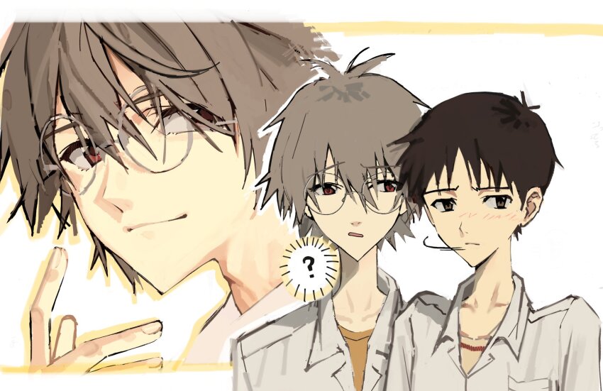 2boys, ?, averting_eyes, bespectacled, brown_eyes, brown_hair, closed_mouth, collared_shirt