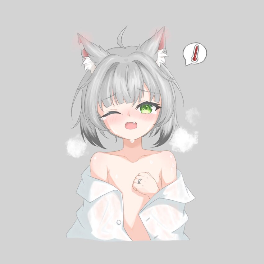 !, 1girl, animal_ears, bare_shoulders, blush, breath, colored_tips, commentary