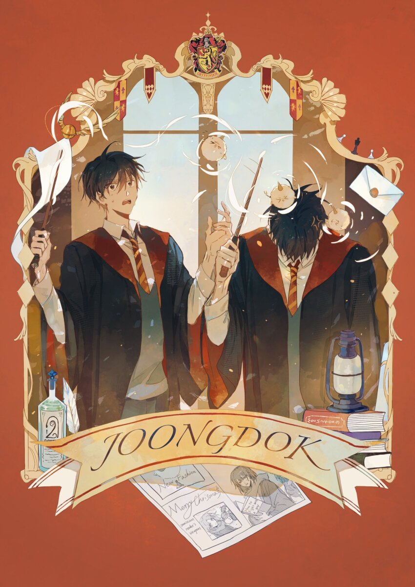 2boys, ahoge, anger_vein, arched_window, biyoo_(omniscient_reader's_viewpoint), black_hair, black_robe, black_vest