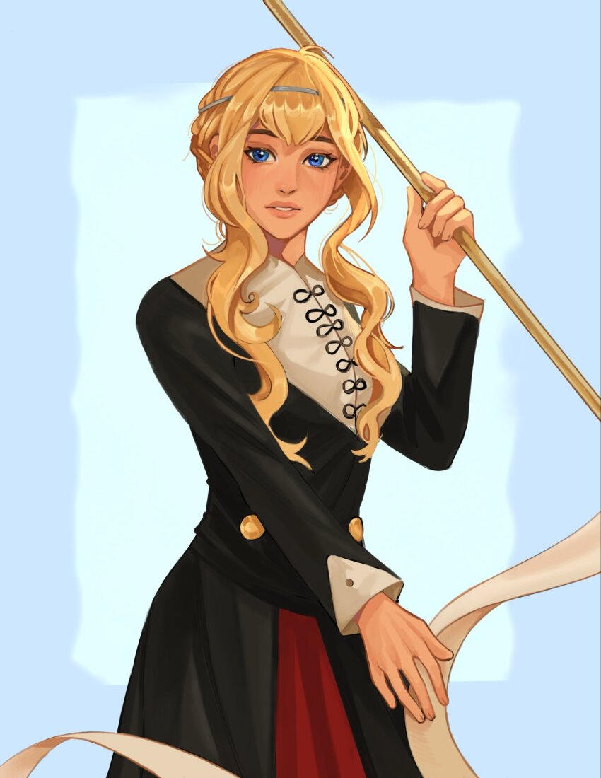 1girl, blonde_hair, blue_eyes, commentary, english_commentary, fingernails, highres, holding