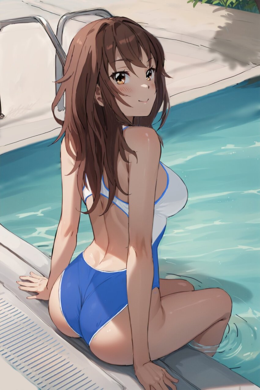 1girl, ass, breasts, brown_eyes, brown_hair, commentary_request, competition_swimsuit, from_behind, high_school_fleet, highres, kuroki_hiromi, long_hair, looking_at_viewer, medium_breasts, natural_wedgie, one-piece_swimsuit, pool, pool_ladder, poolside, racerback, smile, soaking_feet, solo, swimsuit, tamura_ten, wedgie, yokosuka_girls_marine_high_school_swimsuit