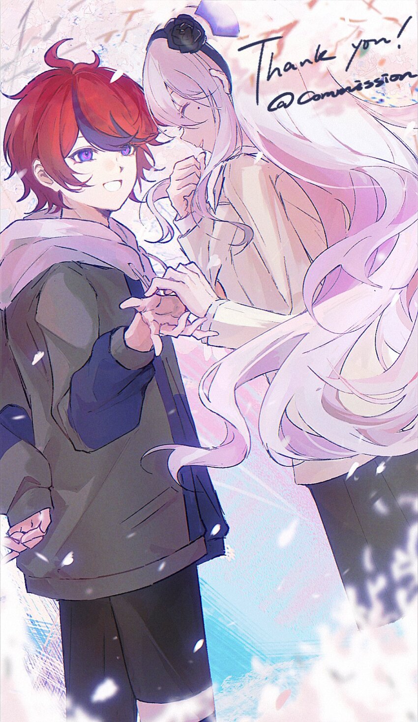 1boy, 1girl, ^_^, black_flower, black_hair, black_hairband, black_pants, black_rose