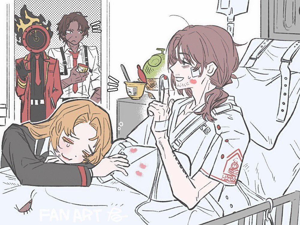 1girl, 1other, 2boys, bed, black_shirt, bug, cantaloupe, cast, clock, coat, cockroach, collared_shirt, commentary_request, dante_(limbus_company), fire, food, fruit, gold_trim, gregor's_cockroach_(project_moon), gregor_(project_moon), heathcliff_(project_moon), hospital_bed, hospital_gown, indoors, insect, intravenous_drip, iv_stand, lapels, limbus_company, lipstick_mark, low_ponytail, melon, multiple_boys, notched_lapels, object_head, open_mouth, ponytail, project_moon, pudding, pulse_oximeter, red_coat, rodion_(project_moon), shirt, smile, tama_launcher