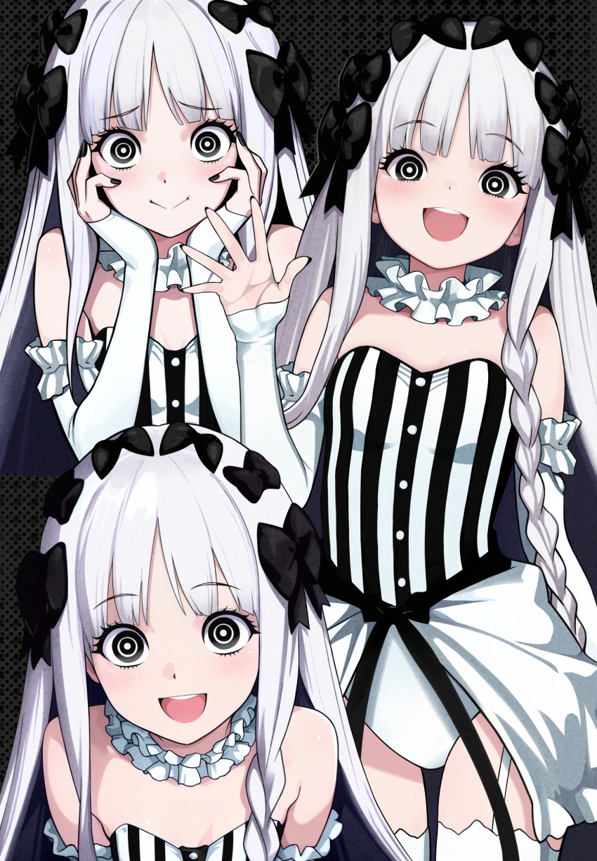 1girl, bare_shoulders, black_bow, black_eyes, blush, bow, braid, breasts, closed_mouth, collar, colored_inner_hair, detached_sleeves, dress, fate/strange_fake, fate_(series), francesca_prelati_(fate), frilled_collar, frills, garter_straps, gonzaleskaosu, grey_hair, hair_bow, highres, long_hair, looking_at_viewer, multicolored_hair, multiple_views, open_mouth, panties, parted_bangs, ringed_eyes, sidelocks, small_breasts, smile, striped_clothes, striped_dress, thighhighs, thighs, underwear, very_long_hair, white_dress, white_hair, white_panties, white_thighhighs