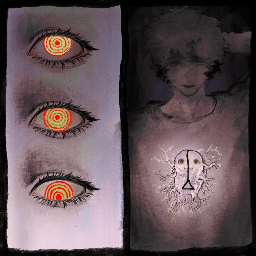 1boy, arm_up, black_border, border, chainsaw_man, close-up, commentary_request, denji_(chainsaw_man), eyelashes, hand_in_own_hair, highres, idmiydoa, makima_(chainsaw_man), pochita_(chainsaw_man), pull_cord, ringed_eyes, sharp_teeth, shirt, short_hair, teeth, upper_body, white_shirt, yellow_eyes