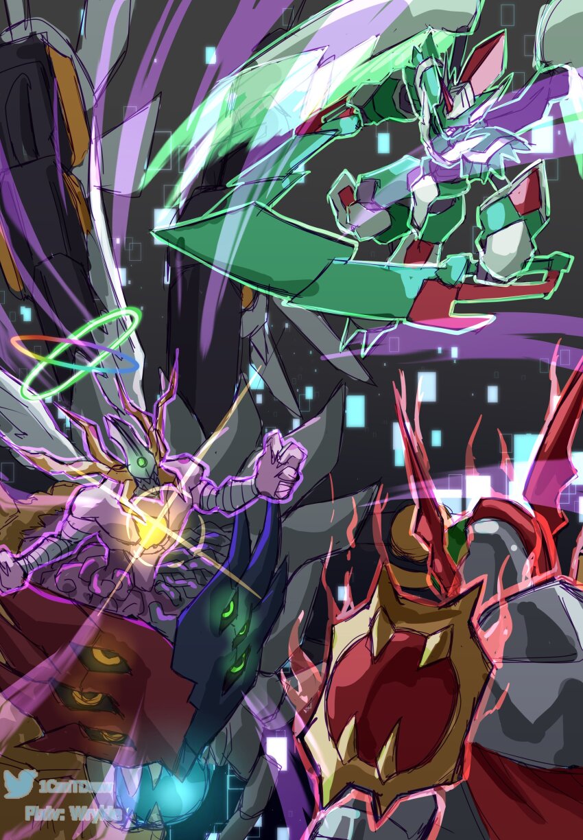 absurdres, armor, battle, cape, chest_jewel, commentary, digimon, digimon_(creature)