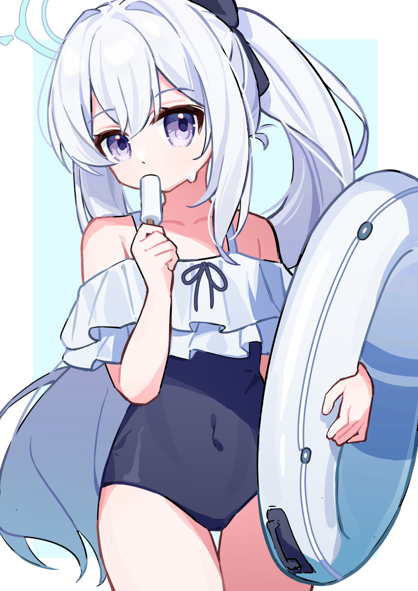 1girl, absurdres, blue_archive, blue_halo, blue_one-piece_swimsuit, casual_one-piece_swimsuit, commentary_request, cowboy_shot