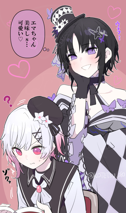 2girls, ?, bare_shoulders, beret, black_choker, black_gloves, black_hair, black_hat