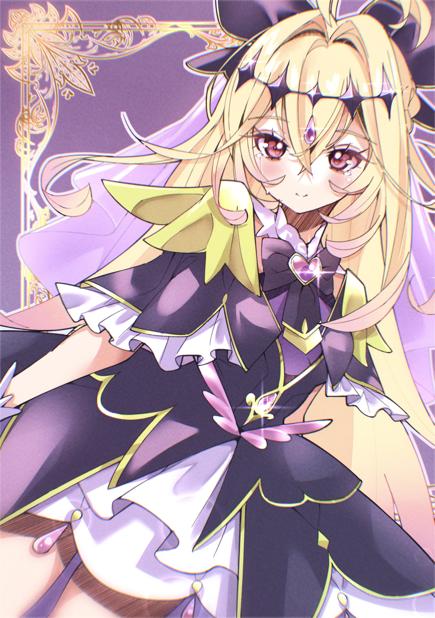 1girl, absurdres, antenna_hair, arms_at_sides, black_bow, black_capelet, black_dress, blonde_hair